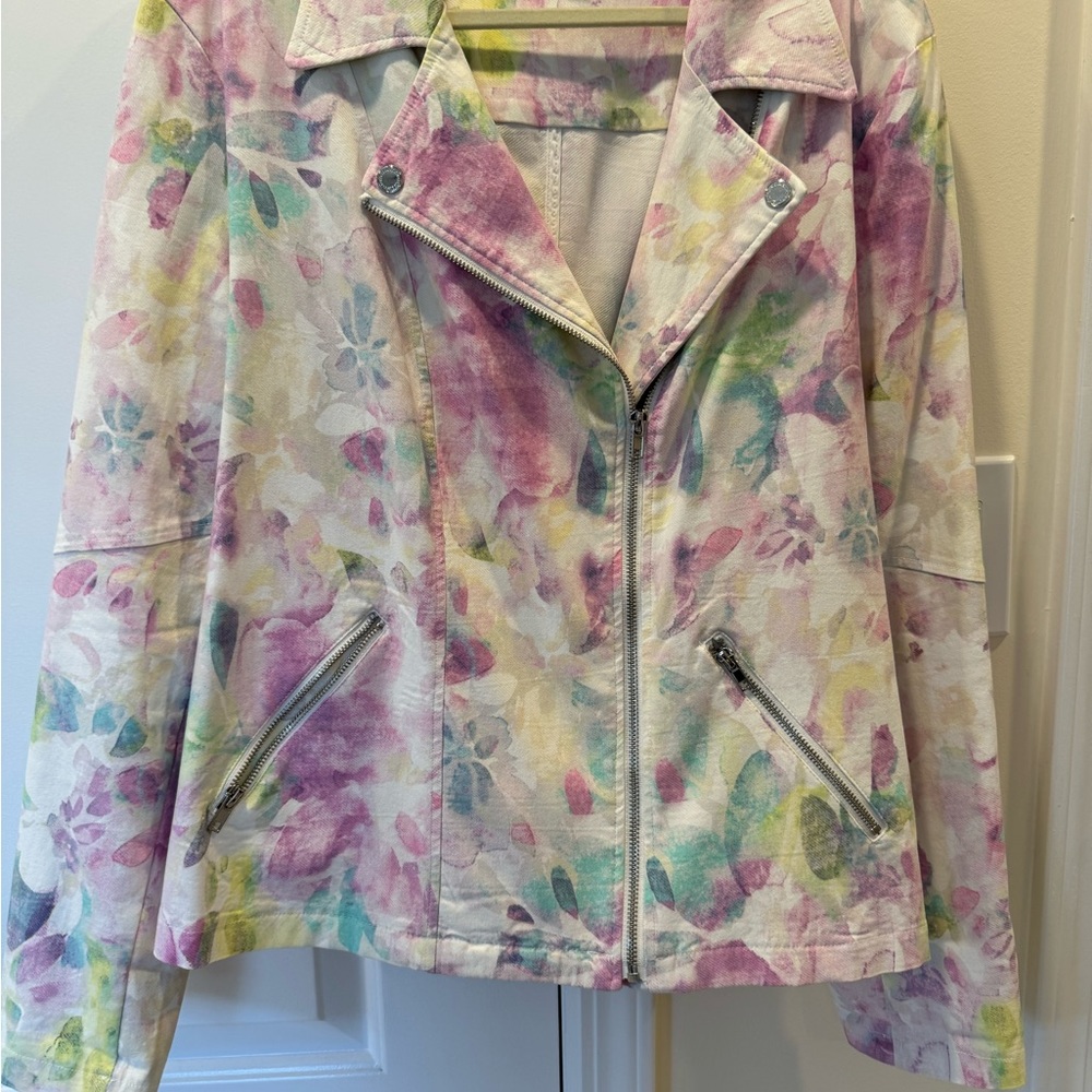 Pink and Green Leather Moto Jacket with Watercolor Design